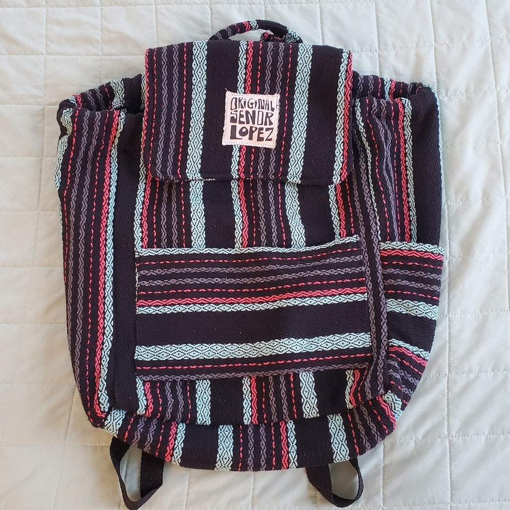 Señor Lopez Baja striped backpack, green, pink, and black, great condition